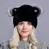 Черная меховая шапка вязаная зимняя женская для девочек из натурального кролика рекс теплая шапка с ушками лиса бриллиант стильная модная женская меховая шапка