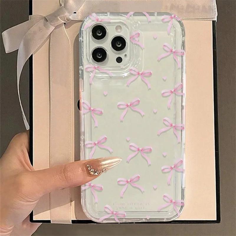 Милый розовый чехол для телефона с сердечком и бантом для iPhone 16 15 14 13 12 11 Pro Max 13 12Mini XS XR 7 8Plus SE 2022 противоударные мягкие прозрачные чехлы Coque