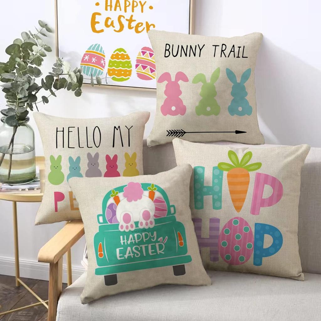 Easter Pillow Covers 18x18 Inch Set of 4PCS Easter Decorations Bunny Truck Hello Peeps Hip Hop Spring Farmhouse Throw Pillows Cover for Home Decor