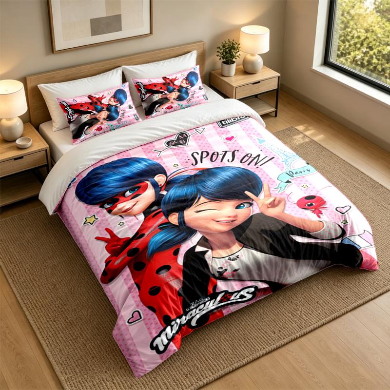 Soft Bedding Set Miraculous Ladybug Pattern, 1 Duvet Cover plus 2 Pillowcases Stylish Bedroom Home Textile