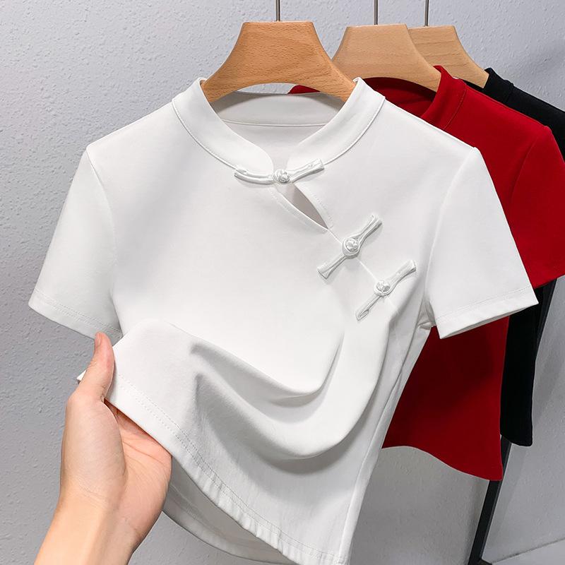 Новый топ с косой планкой на пуговицах в китайском стиле для лета, новая рубашка с воротником-стойкой в китайском стиле для женщин