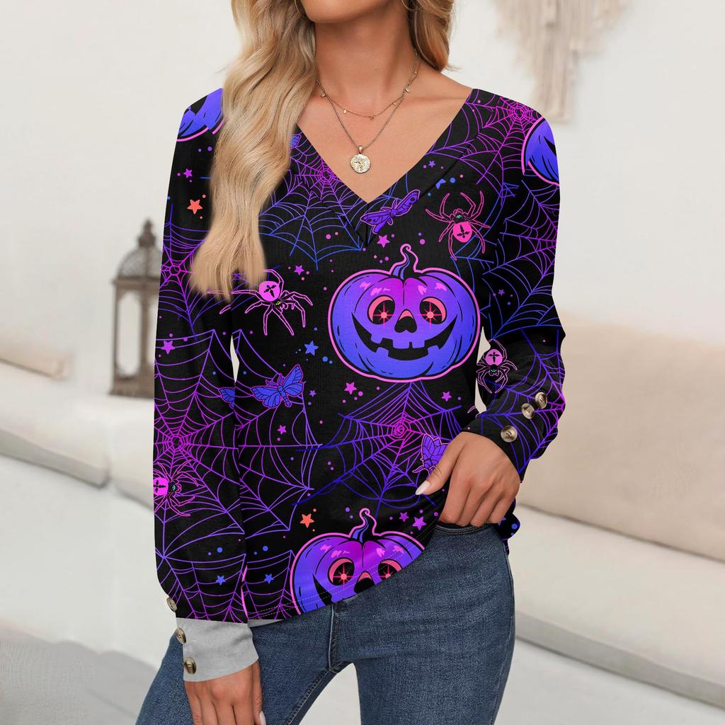 Женские топы с принтом на Хэллоуин, рубашка с длинным рукавом, V-образный вырез, повседневная свободная футболка, осенняя одежда
