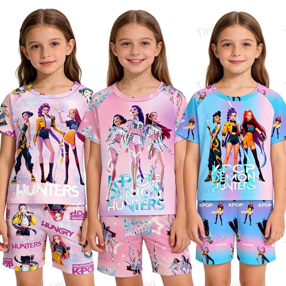 Fashion Kids Pajamas Set Kpop Demon Hunters Printed Children's O Neck Short Sleeve Tops Shorts 2pcs Summer Girls Casual T Shirt Sets