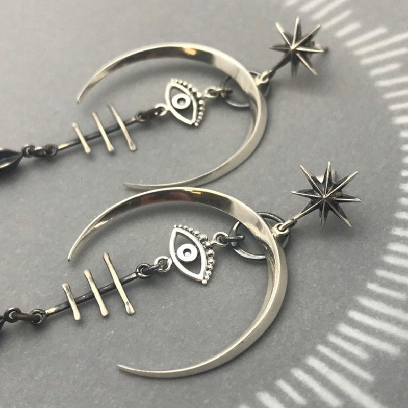 Gothic Devil's Eye Punk Earrings Halloween Accessories Ancient Silver Moon Metal Long Earrings