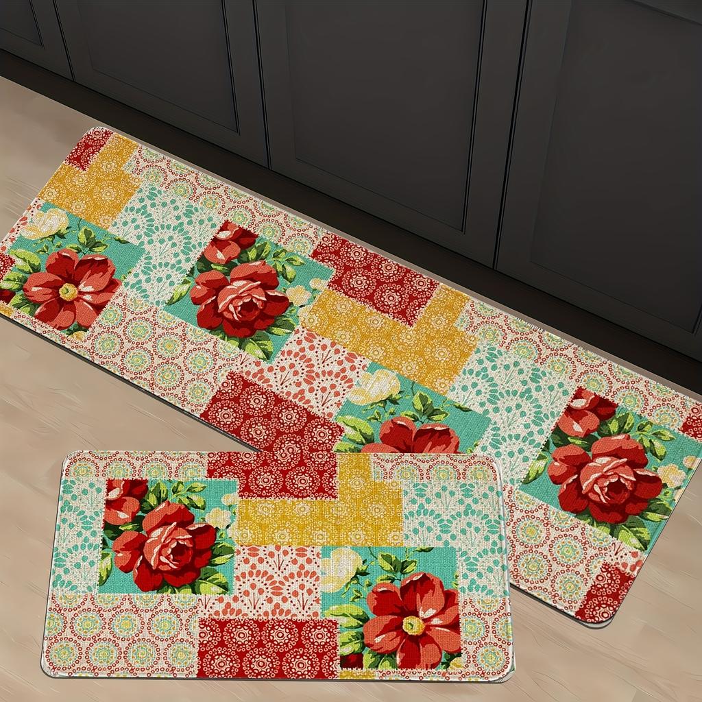 1Pcs Anti Fatigue Kitchen Rugs, Floral Print Waterproof Non-Slip Thick Cushioned Kitchen Mat Heavy Duty Comfort Standing Mat for Kitchen