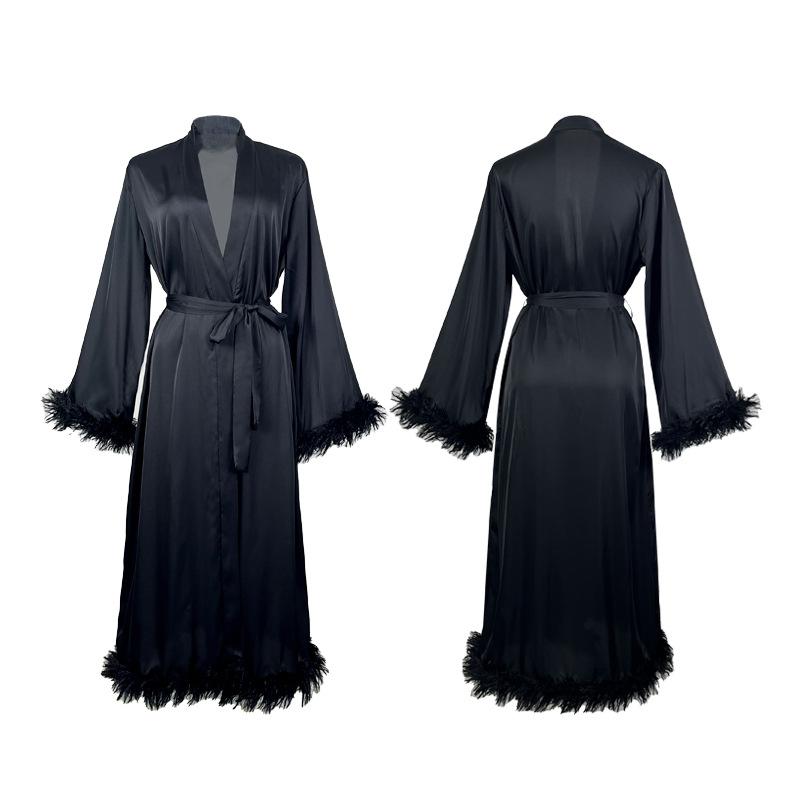 New Solid Color Sexy Feather Long-sleeved Comfortable Nightgown Breathable Casual Can Be Worn Outside