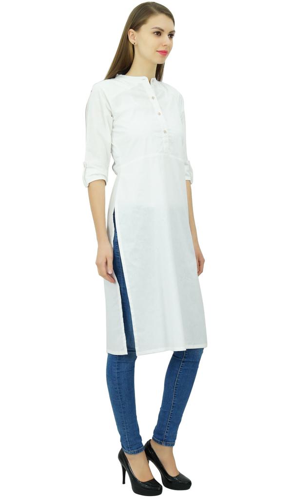 Phagun Cotton Plain Kurti Tunic Mandarin Collar Ethnic Casual Kurta Blouse