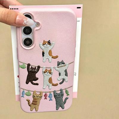 Мультяшный чехол для телефона с кошкой для Samsung A56 A37 A57 A16 A17 A55 A36 A53 A35 A34 A06 A07 A26 S26 Ultra S25 FE S24 Кожаный мягкий чехол
