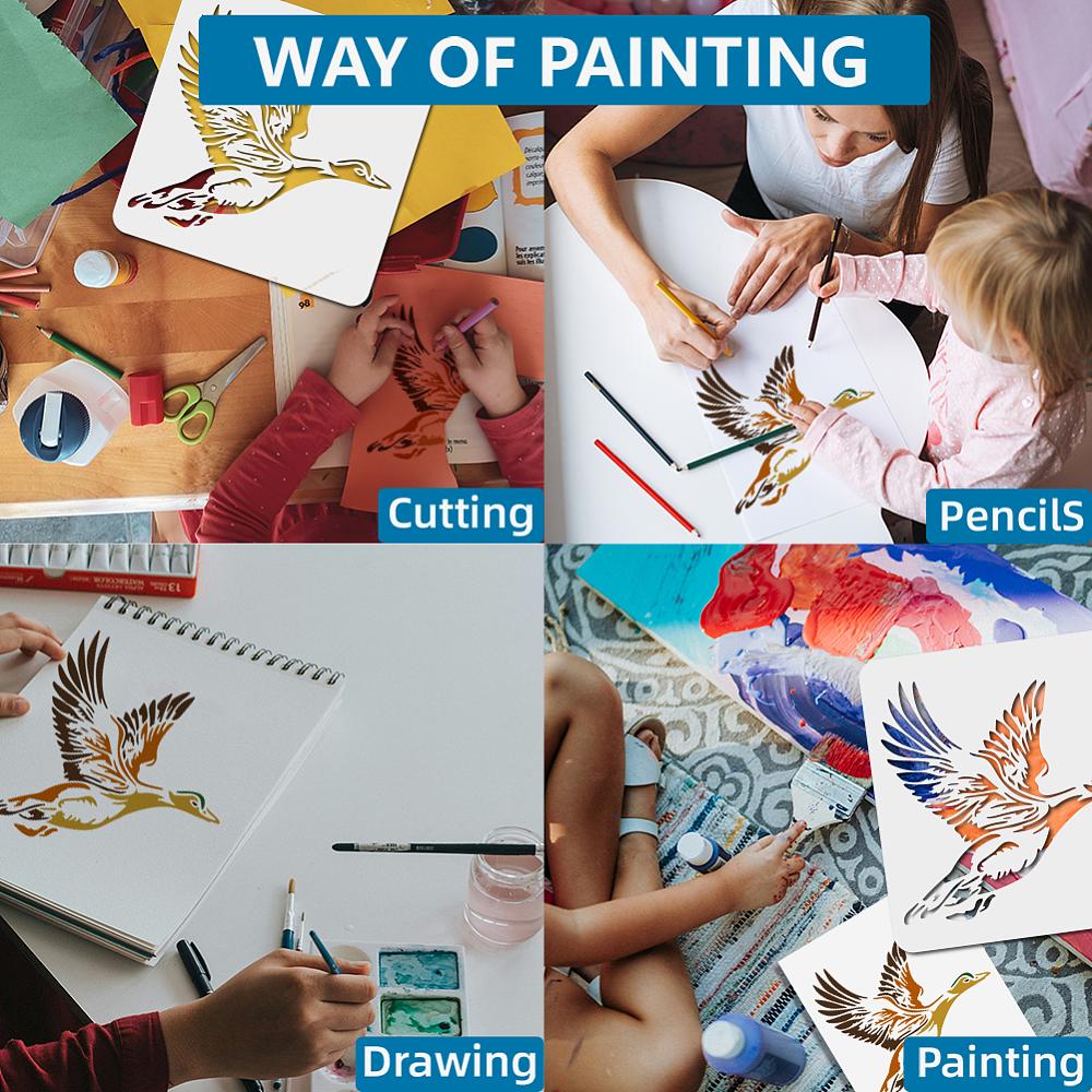 1Pc PET Hollow Out Drawing Painting Stencils, for DIY Scrapbook, Photo Album, with 1Pc Art Paint Brushes, Duck, 300x300mm