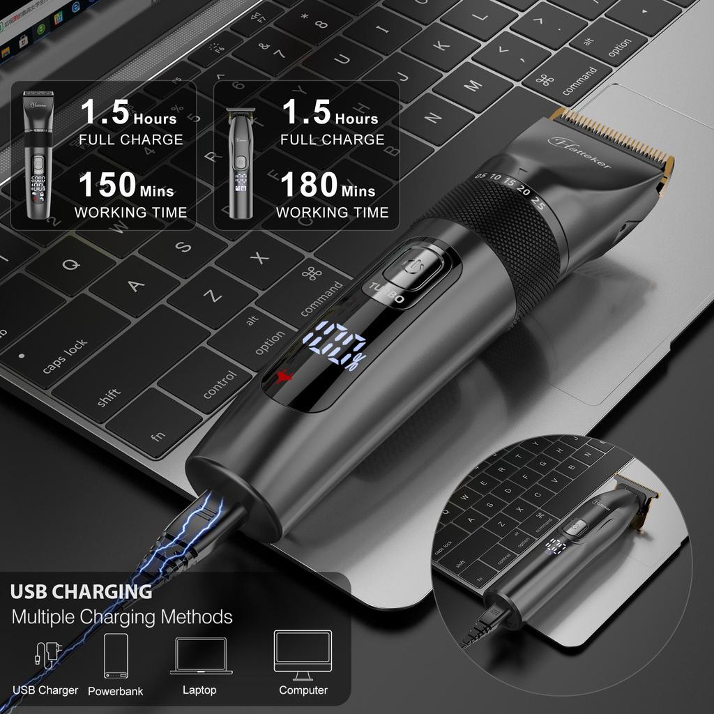 Hatteker Men's Hair Clipper Cordless Beard Trimmer T Trimmer Waterproof Haircutt Kit Hairdressing Cape and Scissors