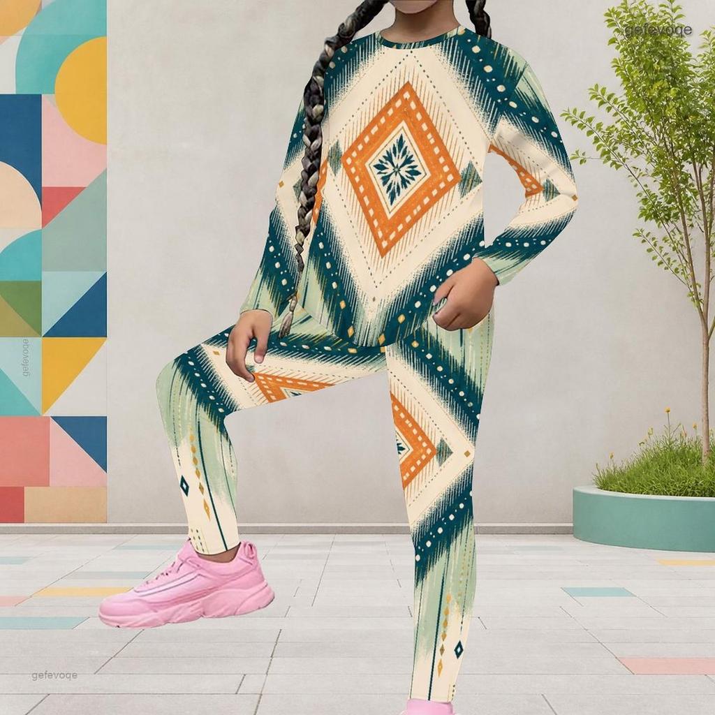 Girls Watercolor Printed Round Neck Long Sleeve Top And Fitted Pants Two Piece Set