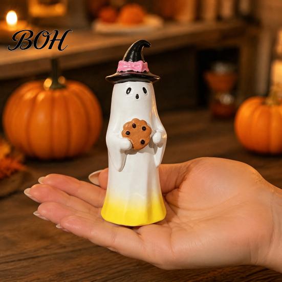 Desktop Decor for Halloween Cute Ghost Ornament, Resin Figurines with Cake/Cookie Design Fireplace Home Holiday Party Decoration Fun Gifts Kids