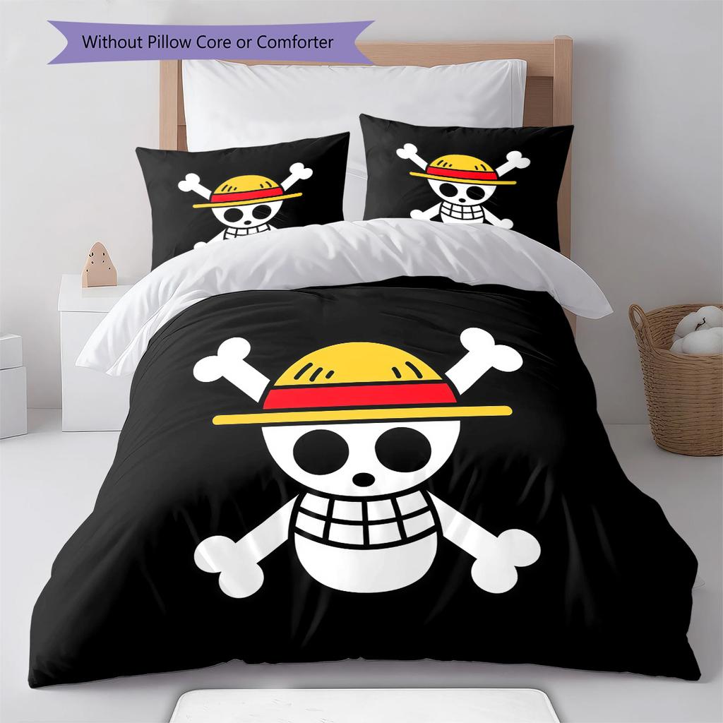 One Piece Straw Hat Pirates Pattern Bedding Quilt Set Quilt Cover Pillowcase Home Birthday Gift(1 * duvet cover + 2 * pillowcase, without core)