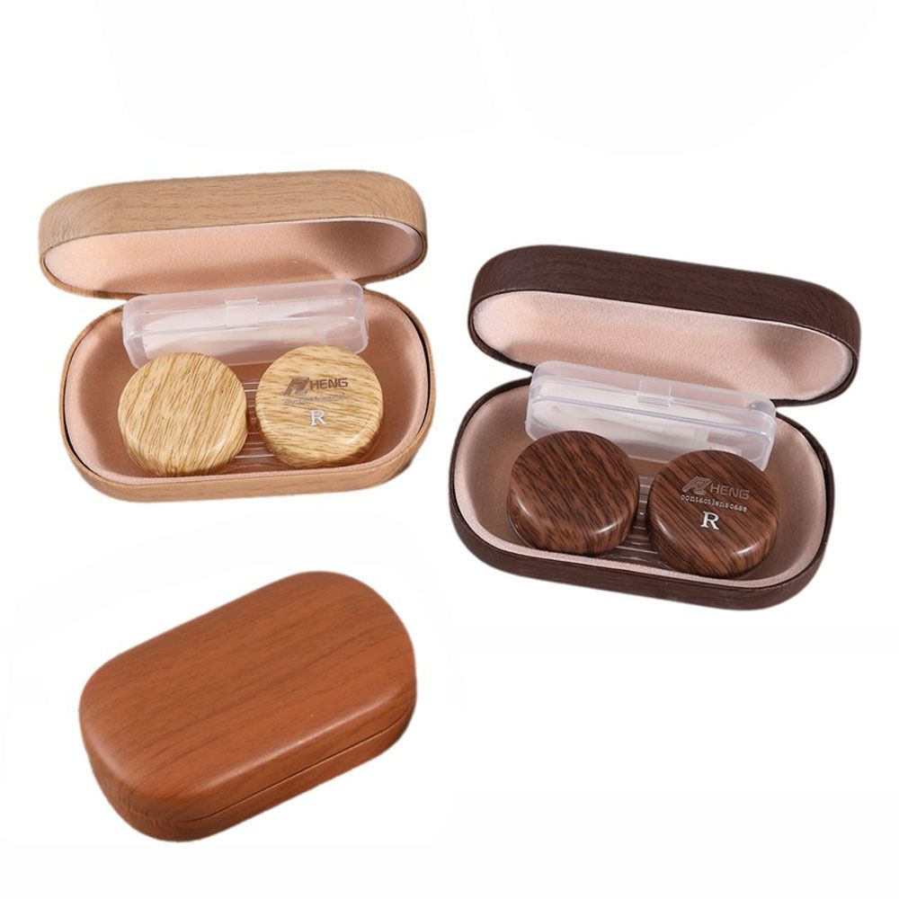 Compact Size Contact Lens Case Wood Grain Portable Lens Case Portable Lens Storage Box  For Travel