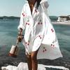 Spring or Summer Chic Ladies's Loose Casual Long Sleeve Shirt Dress Elegant Ladies's Casual White Print Lapel Single Breasted Dress