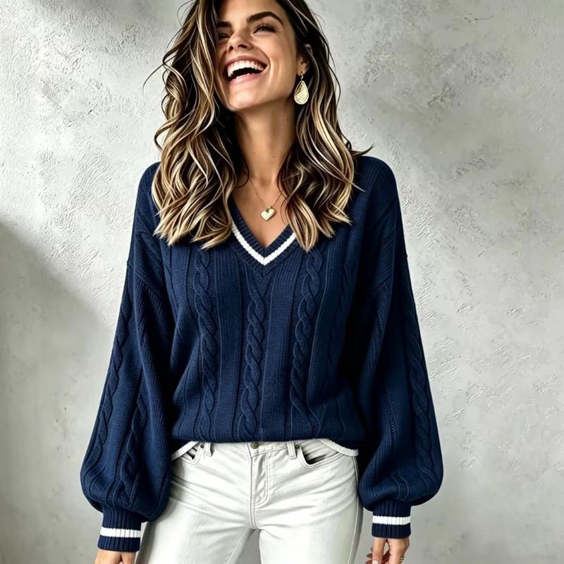 Women Loose V Neck Color Block Cable Knit Long Sleeve Fashion Sweater Top