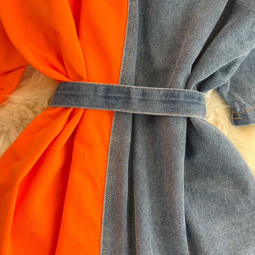 Элегантные летние женские лоскутные джинсовые рубашки, винтажные повседневные тонкие блузки, топы с поясом, женский модный пуловер, одежда, новинка