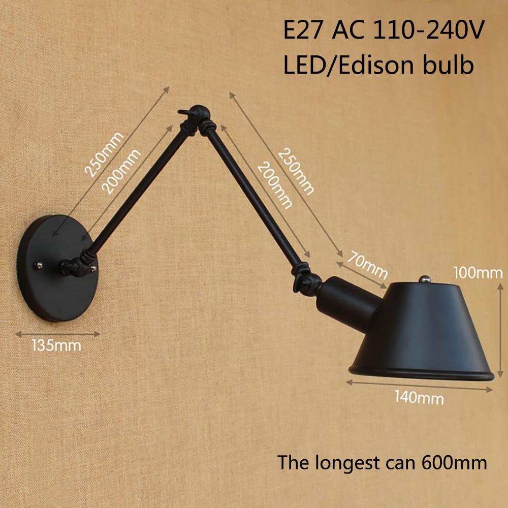 Настенный светильник с матовым черным железным абажуром в стиле ретро в стиле ретро, ​​регулируемый рокер E27/E26