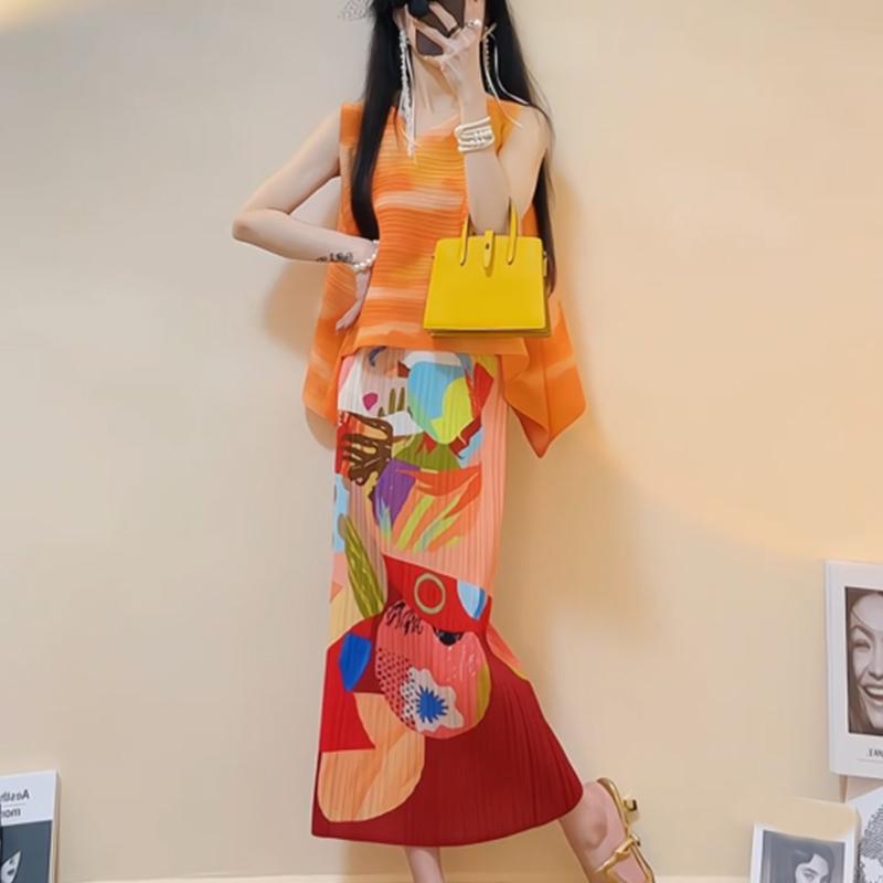 Fashionable Printed Pleated Half Skirt, High Waisted Slim A-line Skirt, Summer New Set for Women