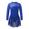 Children Girls Shiny Rhinestones Mesh Keyhole Back Figure Ice Skating Dress Long Sleeves Roller Skating Ballet Dance Leotard Dress