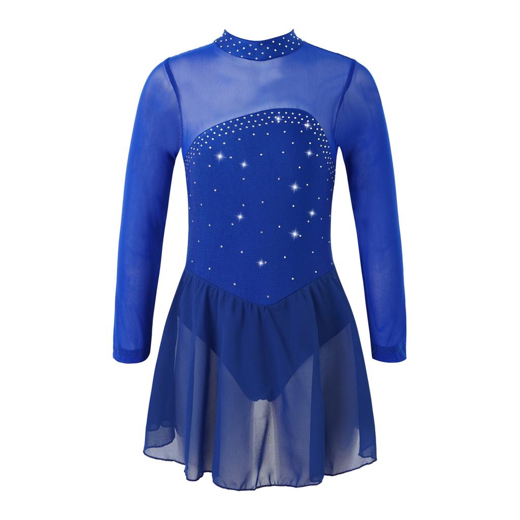 Children Girls Shiny Rhinestones Mesh Keyhole Back Figure Ice Skating Dress Long Sleeves Roller Skating Ballet Dance Leotard Dress