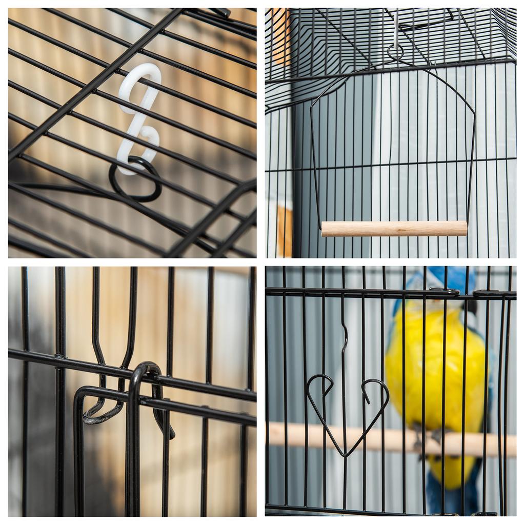 Metal and Plastic Bird Cage with Perches, Swing and Bowls, 46.5x35.5x92 cm, Black