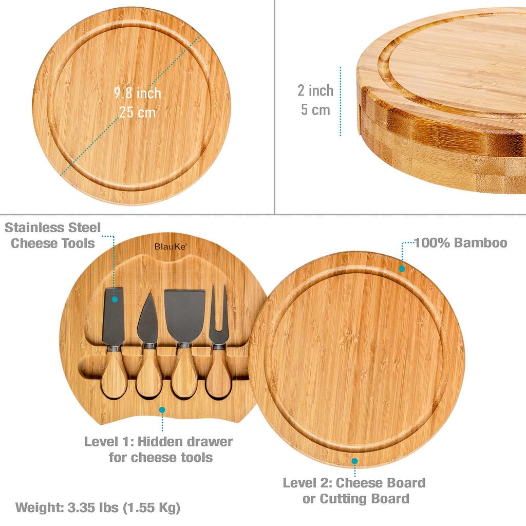 Bamboo Cheese Board Set - 25cm Charcuterie Board With Slide-Out Drawer and Cheese Tools - Cheese Serving Platter Tray - Great Gift Idea