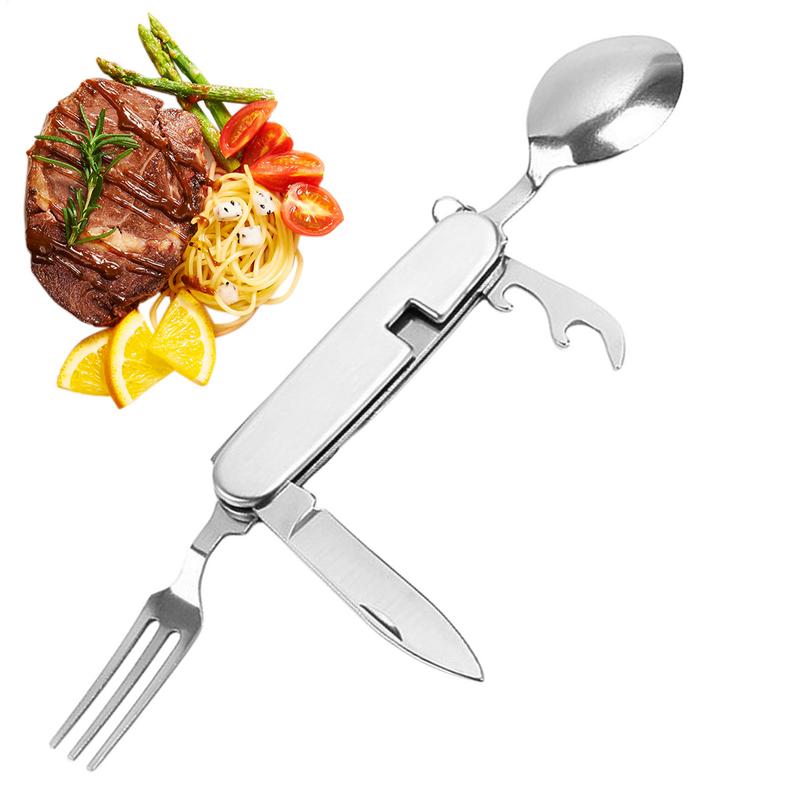 Набор столовых приборов для кемпинга 4 в 1, портативный набор столовых приборов из нержавеющей стали для походов, многофункциональный набор столовых приборов для пикника, складной инструмент