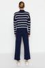 Женский модный новый комплект из верха и низа с темно-синими брюками, трикотаж в полоску, комплект из верха и низа