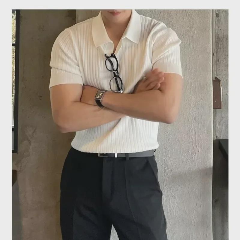 2024 Мужская летняя шелковая полосатая рубашка-поло с V-образным вырезом и коротким рукавом