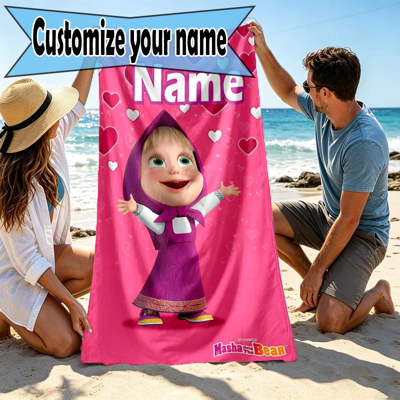 Custom Name Personalized Masha and The Bear Print Beach Towel, for Trip Camping Beach Party Home Decor, Birthday Gift for Family & Friends