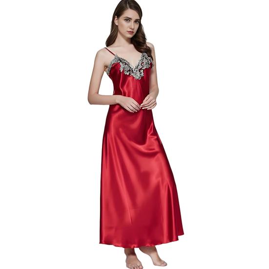Женская атласная ночная сорочка с кружевом, на бретельках-спагетти, без рукавов, комбинация, мягкая, с V-образным вырезом, макси, одежда для сна, шелковистая ночная сорочка
