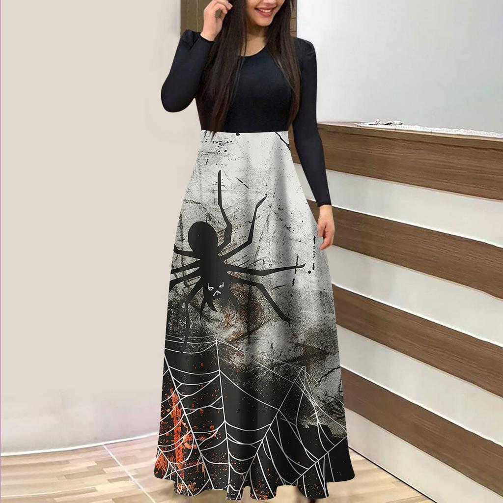 Женское модное повседневное платье макси с круглым вырезом и длинными рукавами