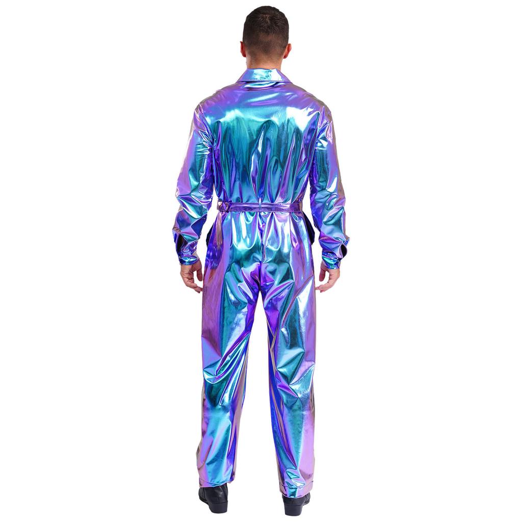 Mens Shiny Metallic Turn Down Collar Long Sleeve High Waist Jumpsuit Halloween Costume