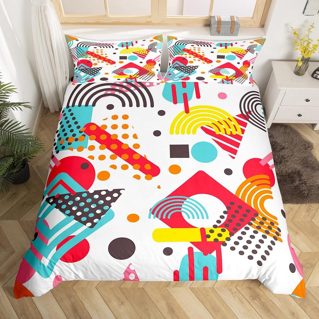 Blue Pink Memphis Bedding Set Colorful Abstract Duvet Cover Hippie Hip Hop Comforter Cover Geometric Vintage Fashion Quilt Cover