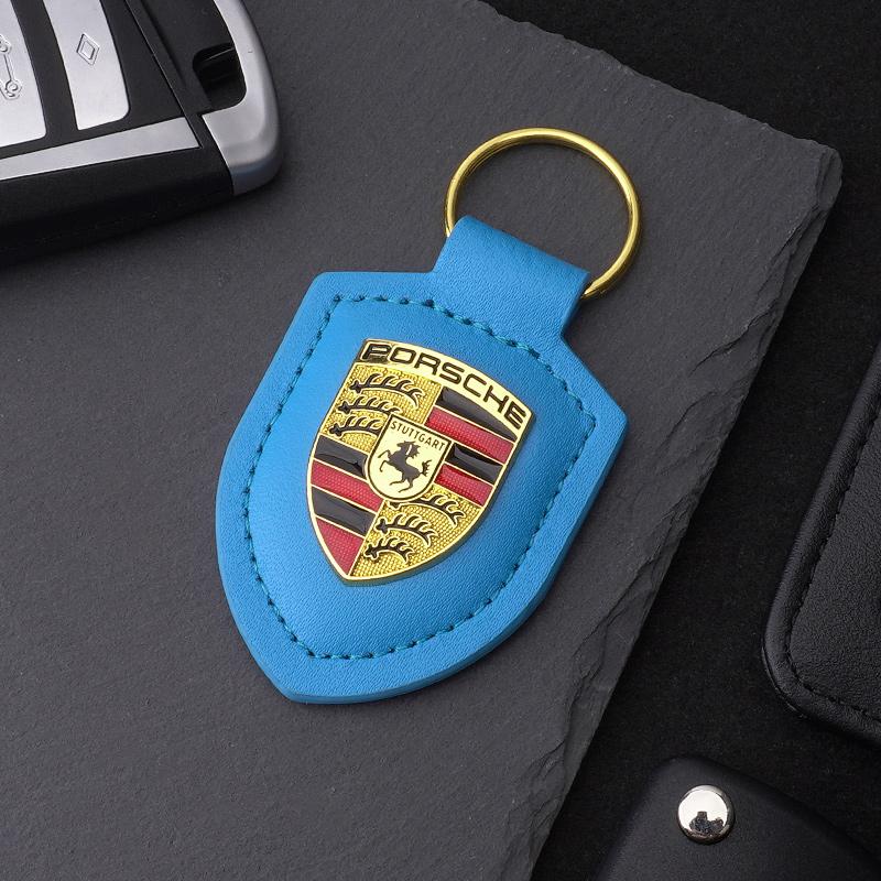 High Quality PU Leather Car Keychain Shield Alloy Keyring Pendant Gift For Porsche Cayenne Panamera Macan Boxster Cayman Sticker CY5