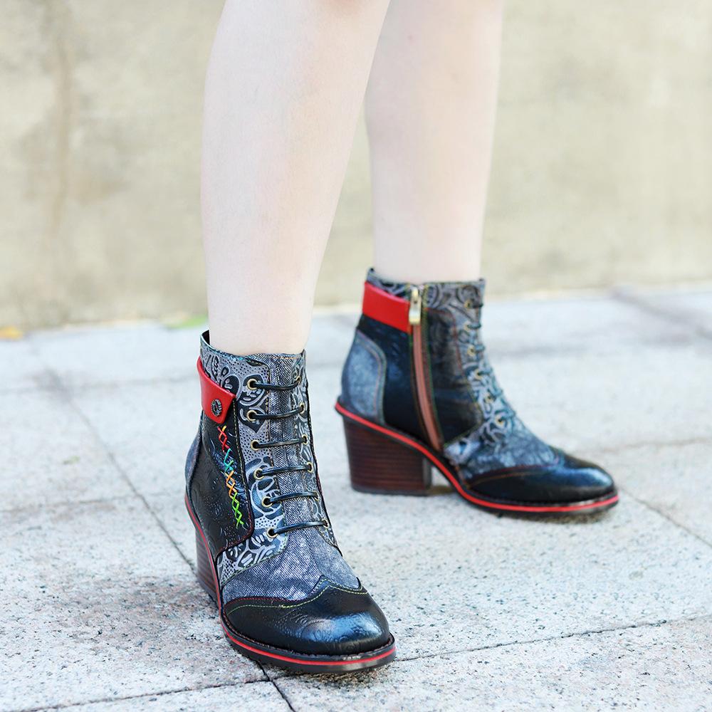 Johnature Ретро Комфорт Толстый Каблук Короткие Сапоги Ручной Работы Натуральная Кожа Сращивание Набивная Ткань Женская Обувь