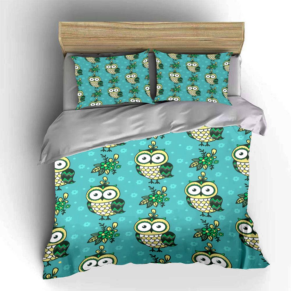 Cartoon Owls and Florals Pattern Bedding Duvet Cover Set (1*Duvet Cover 2*Pillowcases, without duvet insert)