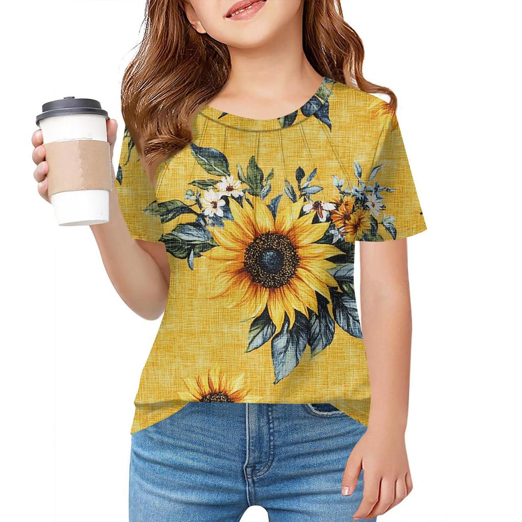 Детская футболка Fold A для девочек, летняя модная куртка с круглым воротником и цветочным принтом с короткими рукавами