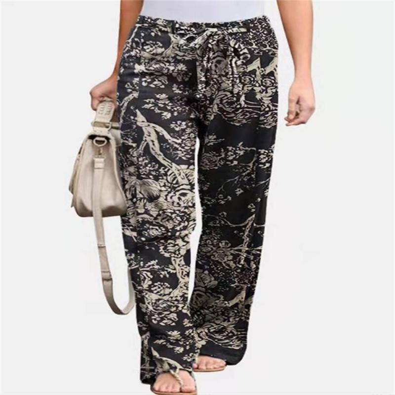 Повседневные удобные женские длинные широкие брюки из хлопка и льна с принтом и эластичной резинкой на талии