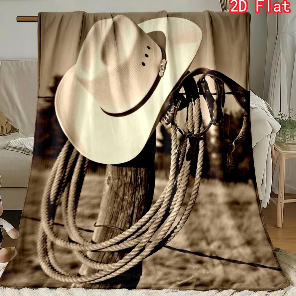 Vintage Western Rodeo Gear Blanket, Retro Cowboy Hat & Rope Themed Soft Cover