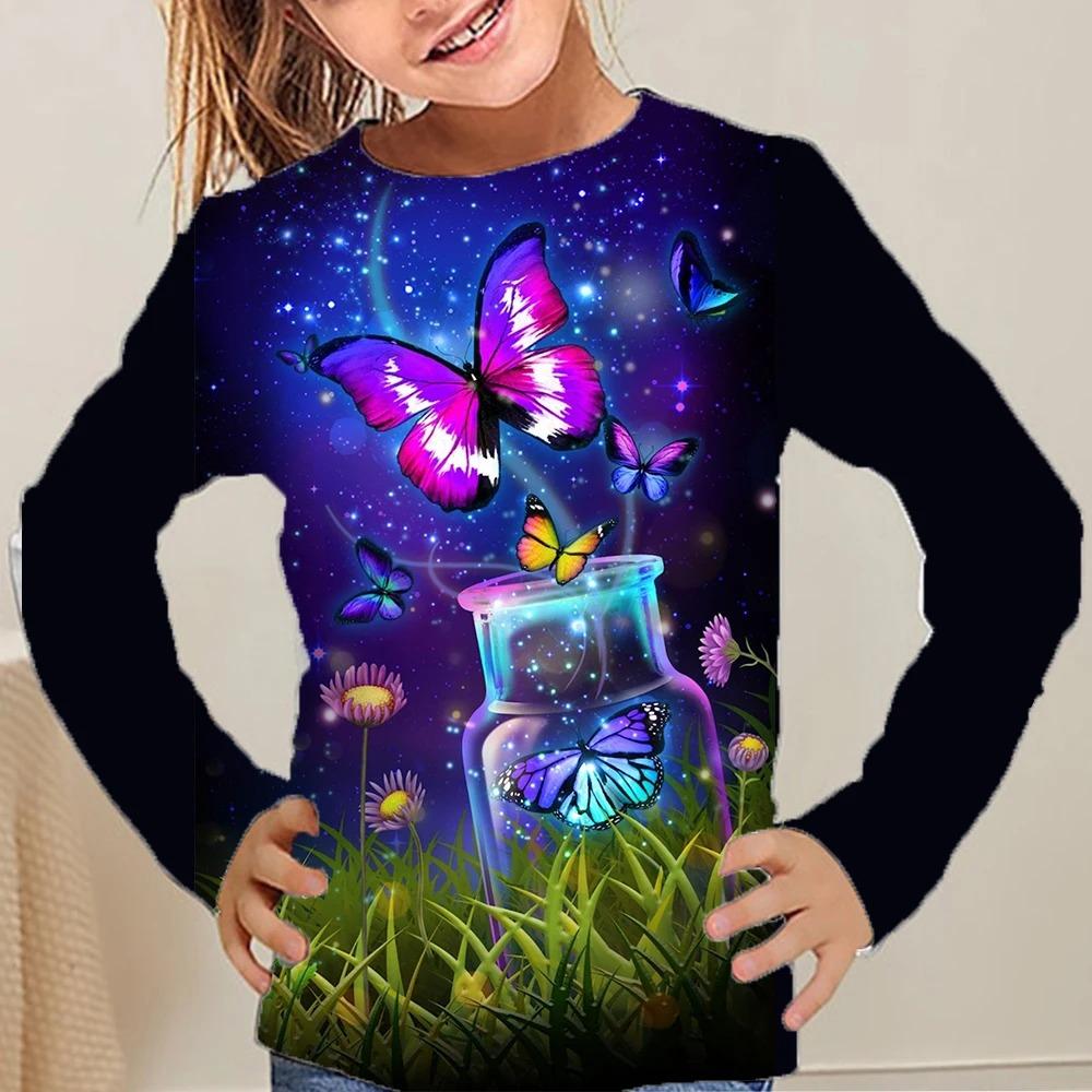 Children's Colorful Butterfly 3D Digital Printing Girl Fashion Trend Round Neck Long Sleeved T-shirt