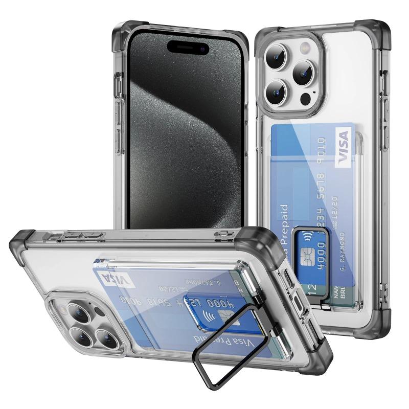 Shockproof Acrylic Card Slot Holder Clear Phone Case for iPhone 15 14 13 12 11 Pro Max 15Plus 14Plus Metal Kicstand Bumper Cover