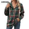 Осенне-зимняя женская куртка больших размеров с длинными рукавами и капюшоном на пуговицах, клетчатая толстовка