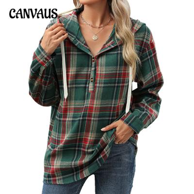 Осенне-зимняя женская куртка больших размеров с длинными рукавами и капюшоном на пуговицах, клетчатая толстовка