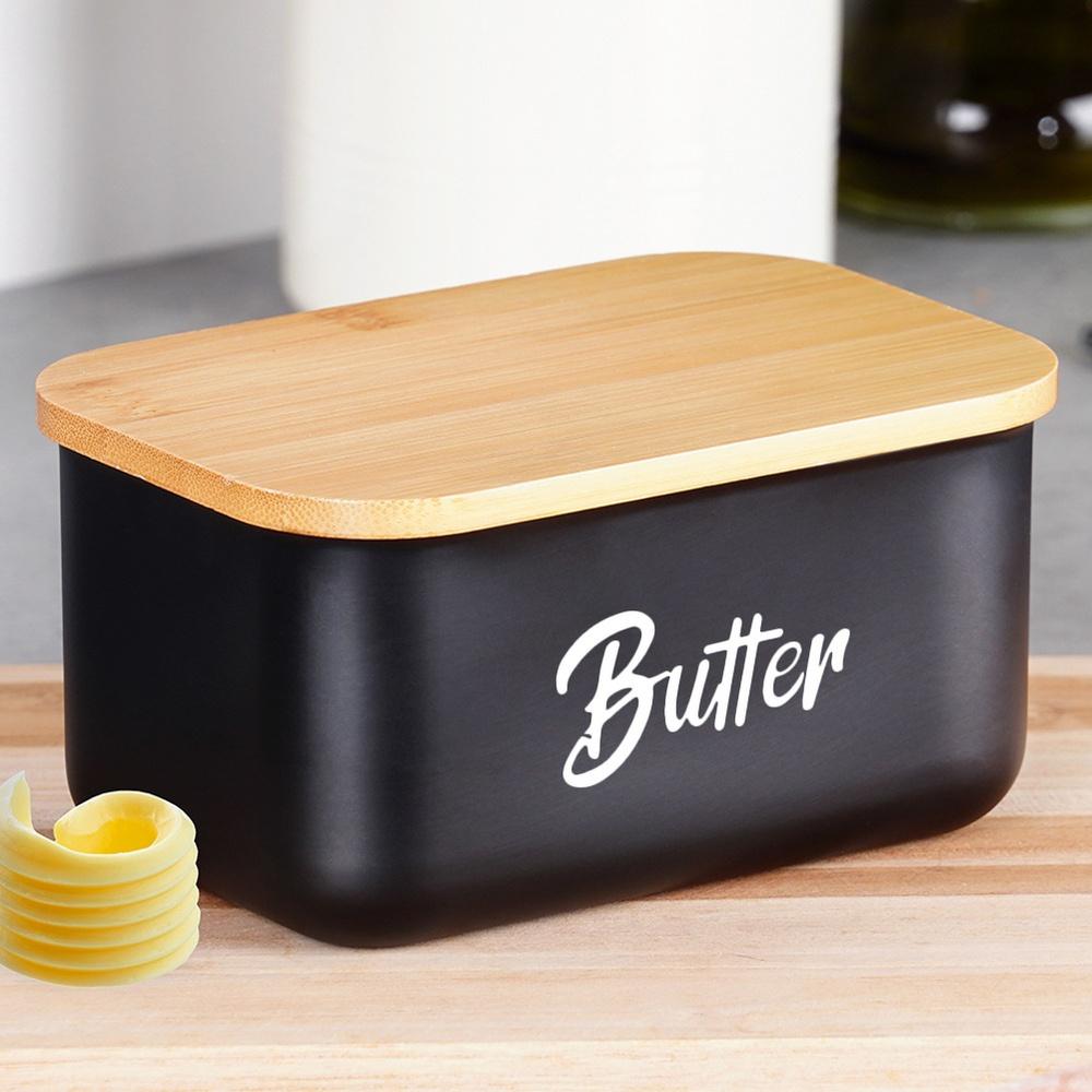 Black steel butter dish with bamboo lid