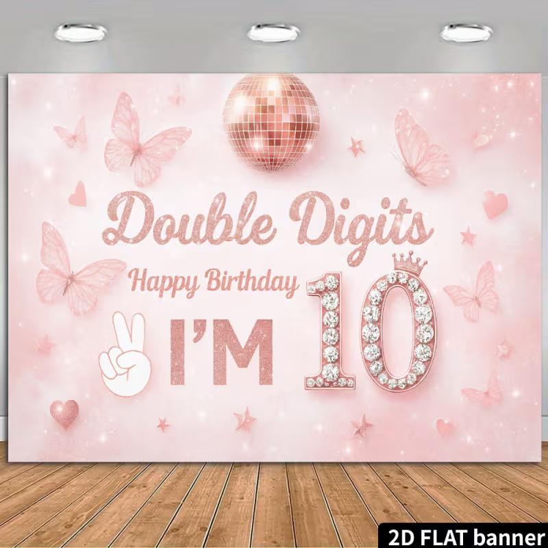 2D Flat Print Rose Gold 10th Birthday Banner with Diamond Number 10 & Crown