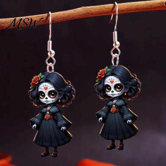 Cartoon Witch Earrings Halloween Earrings, Gothic Drop Lightweight Acrylic Pendant Eye-catching Accessories for Women Girls Day of The Dead Retro Rose
