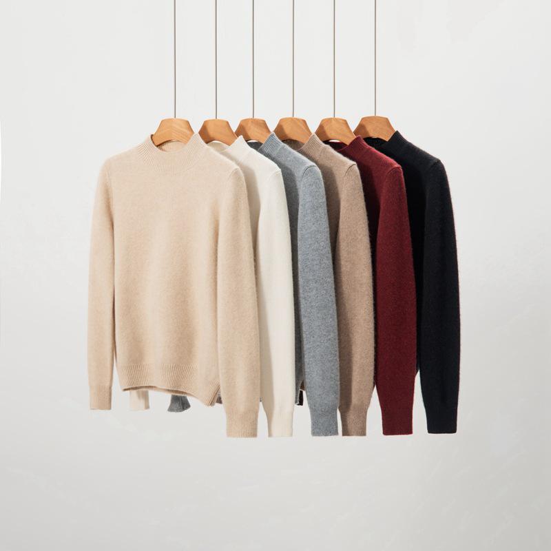 Women's 100% Cashmere Pullover Sweater, Half-High Collar, Long Sleeve, Thick Knit, Autumn/Winter Style.
