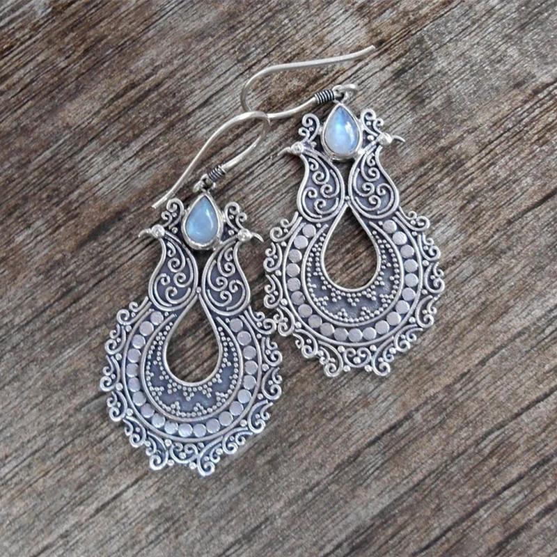 Винтажные серьги-крючки из металла медного цвета с ручной гравировкой узоров для женщин, ювелирные изделия, серьги-подвески с инкрустацией камнями в виде капель воды